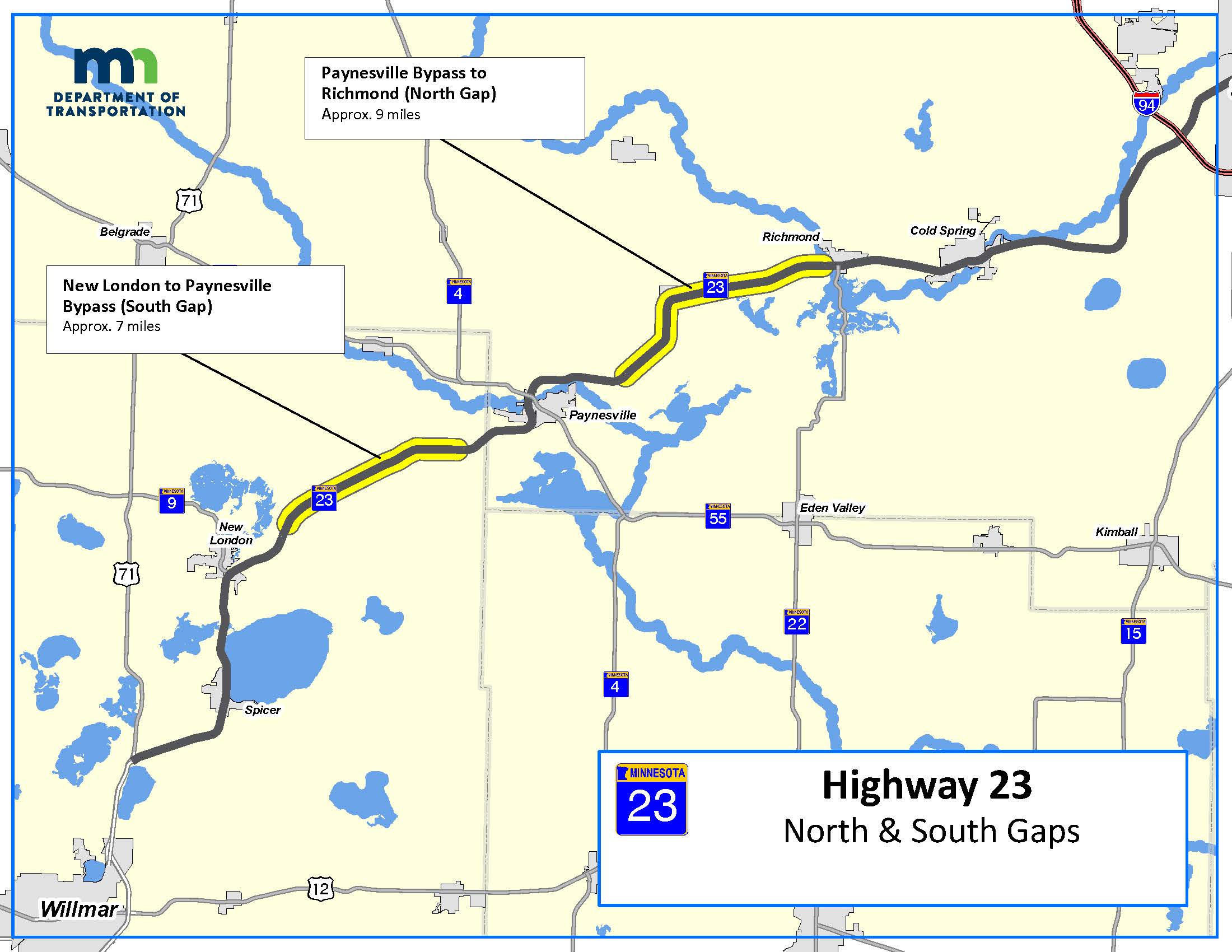 Map of 4 lane gaps on Hwy 23